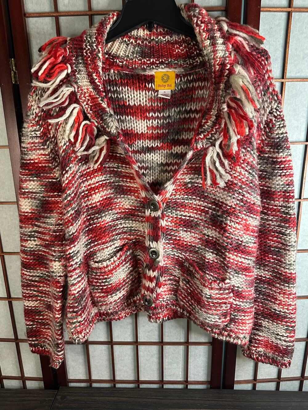 Vintage Ruby Rd. chunky knit cardigan sweater with fringe detail
